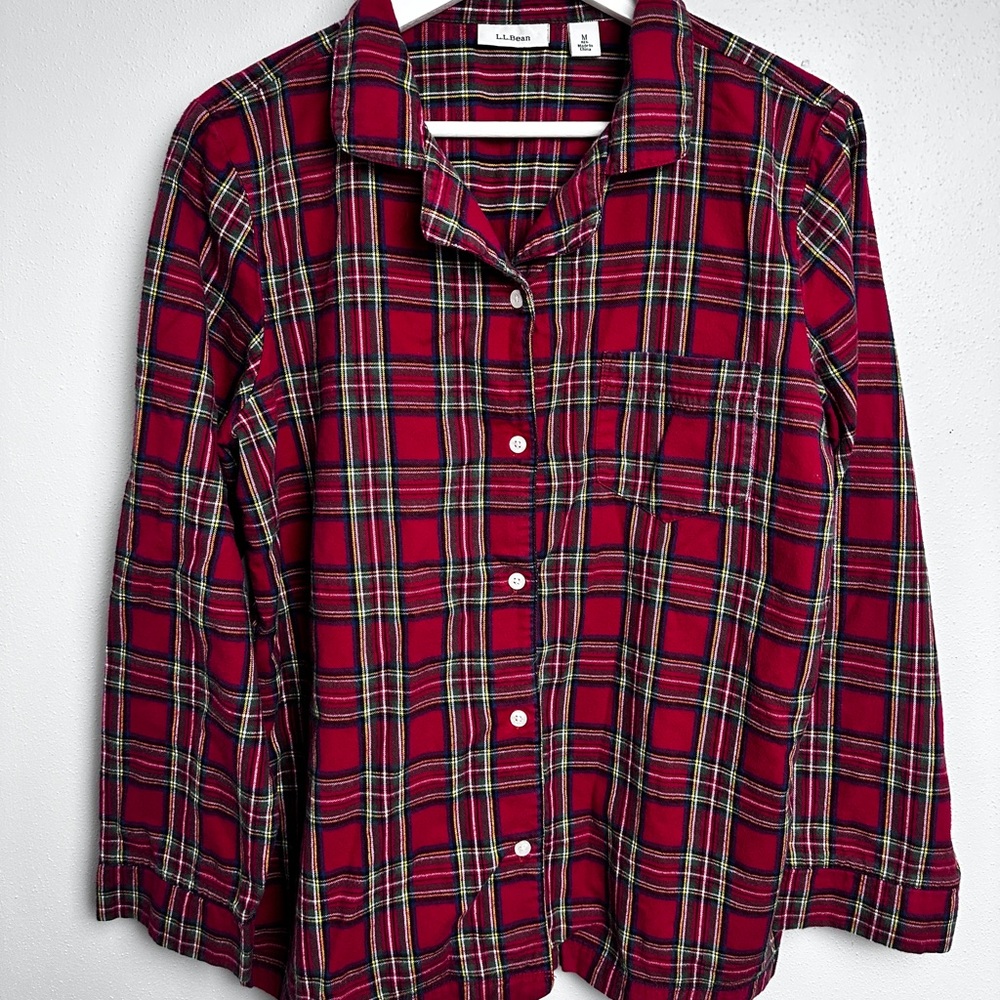 L.L. Bean Red and Green Plaid 100% Cotton Button Down Pajama Top